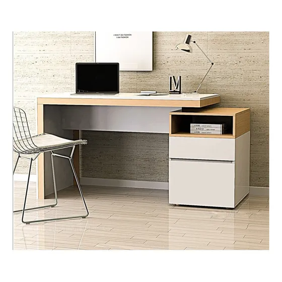 Escritorio gamer Ciudad Muebles moderno con archivero y cajón melamina de 142cm x 78cm x 55cm blanco y madera natural