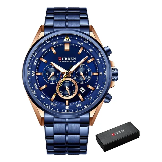 Reloj Curren 8533 Para Hombre, Caja Negra Y Correa De Acero Azul