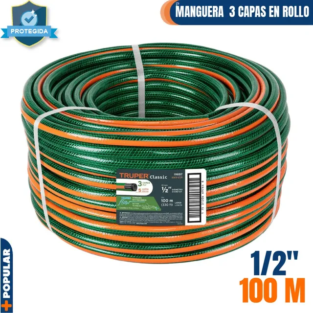 Manguera De Riego Reforzada Mallada 1/2 Pulgada 100mt Truper Color Verde Y Naranja