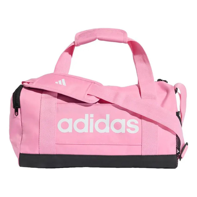 Mala duffel adidas Linear tamanho extra pequeno na cor rosa com logo branco e detalhes em preto na base