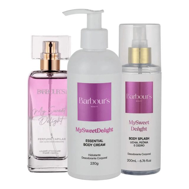 Kit de cuidados pessoais My Sweet Delight da Barbour's Beauty contendo um perfume capilar, um creme corporal e um body splash posicionados lado a lado.