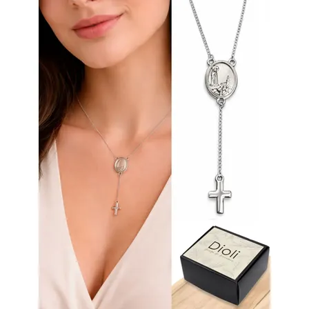 Colar Terço Feminino Nossa Senhora De Fátima Com Cruz Aço Prata 40cm