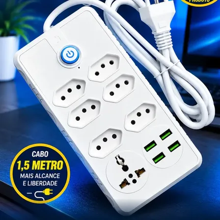 Extensão Elétrica Filtro de Linha 6 Tomadas 1 Universal 4 USB Carregamento Rápido Bivolt Cabo Reforçado 1,5 Metros Régua de Energia com Botão Liga Desliga HW Para Casa Escritório Notebook Celular