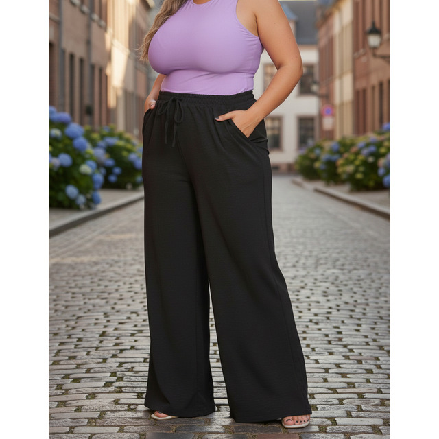 Calça Pantalona Plus Size Duna Com Elastico Na Cintura Calça Pantalona Plus Size Duna Com Elastico Na Cintura