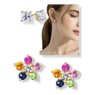 Aretes De Flor Oro Laminado 18k Con Cristales, 2 Pzas Aretes De Flor Oro Laminado 18k Con Cristales, 2 Pzas