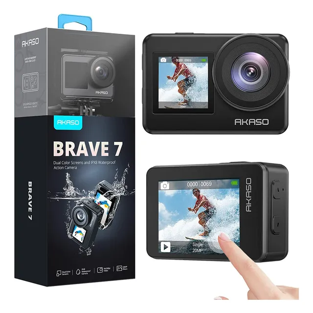 Cámara deportiva Akaso Brave 7 4k30fps 20MP WiFi con pantalla táctil, cámara impermeable IPX8 de 33 pies, EIS 2.0 Zoom, compatible con micrófono externo, control de voz con 2x 1350mAh baterías Negro