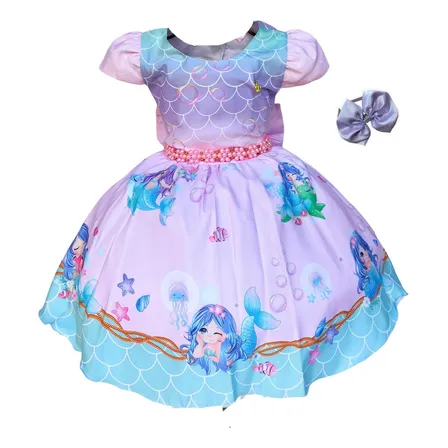 Vestido Infantil Festa Tema Sereia Fundo Do Mar Luxo E Tiara