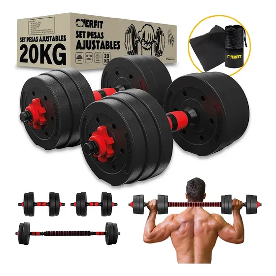 Mancuernas Y Barra Unibles 20 Kg Overfit Set Pesas Ajustables Gym Fitness