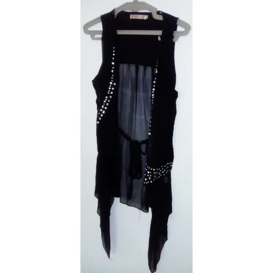 Chaleco Negro Largo Talla M/l Con Detalles Brillantes