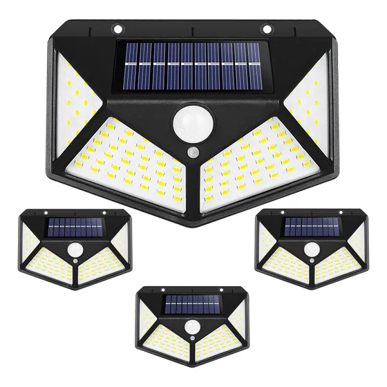 Kit 4 Luminária Solar 100 Led Com Sensor Jardim Prova Dágua