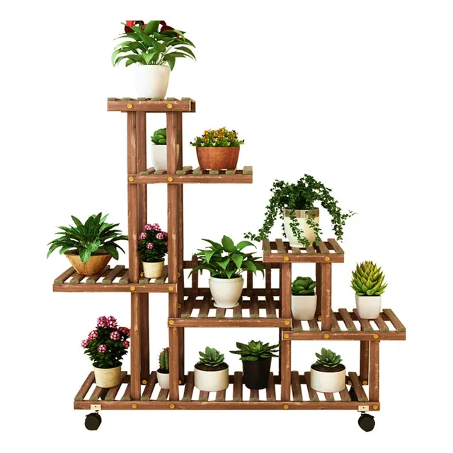 Soporte Para Plantas De Madera De Varios Niveles Con Ruedas