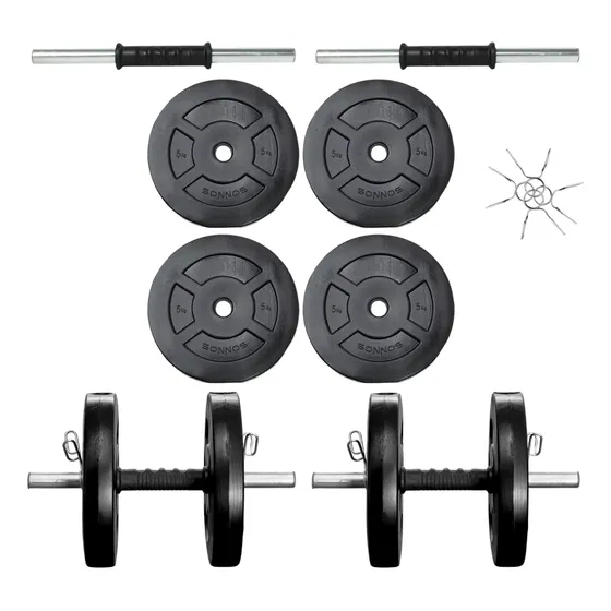Mancuerna Cromada X 2 + 20 Kg De Discos Pvc Pesas Kit 10 X 2 Color Negro