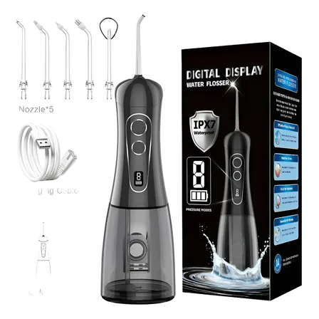 Irrigador Oral Portátil Ipx7 De 400ml Com Jato Forte Pulsado 8 Modos, 5 Bicos,Bivolt Para Limpeza Bucal E Prótese Dentária