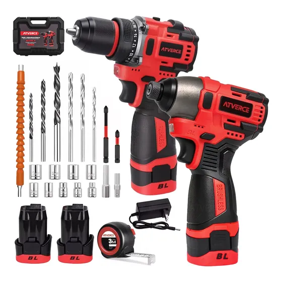 Atverce Kit De Sin Escobillas Atornillador De Impacto Y Taladro Color Negro
