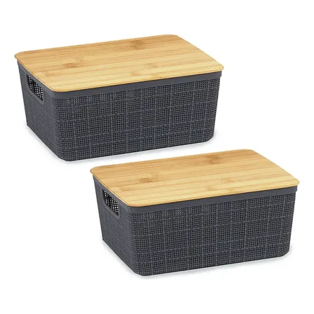 Kit 2 Caixas Organizadoras 12l Cinza Tampa Bambu Oikos Cinza-escuro Lisa