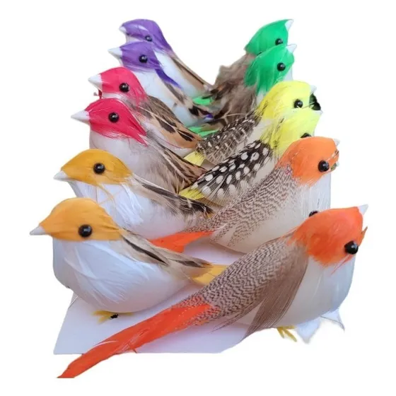 12 Passarinhos 10,5cm Artificiais Coloridos Decoração Jardim
