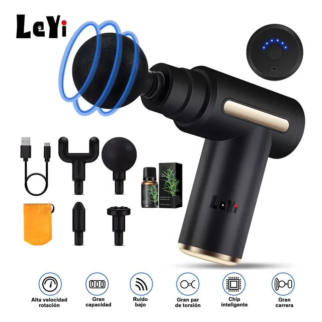 Leyi®pistola De Masaje Muscular, Relaja Y Alivia El Dolor, Incluye 6 Cabezales, 6 Velocidades, Aceite De Masaje Y Bolsa, Ideal Para Espalda, Cuello Y Pies