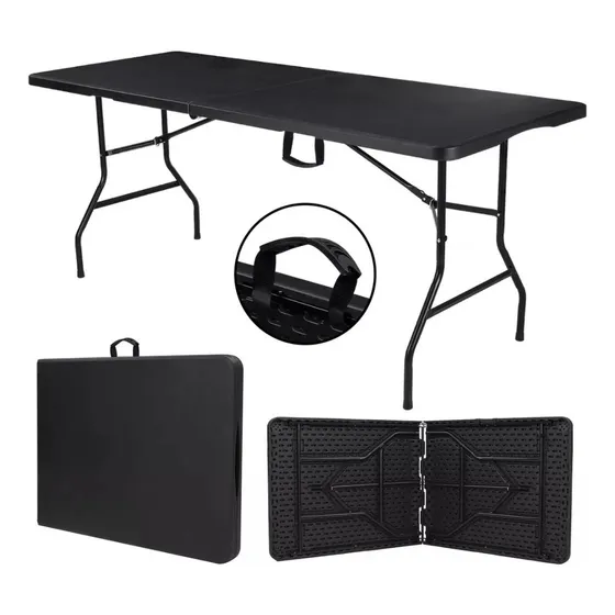 Mesa Plastica Plegable Rectangular 1.80mx75cm Negra Portátil