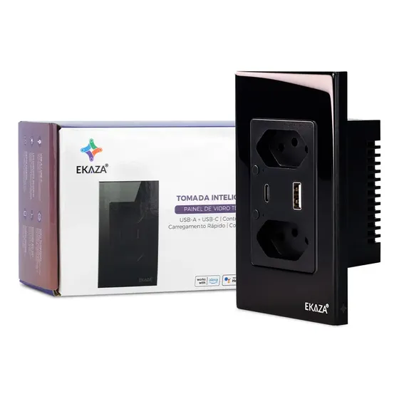 Tomada Inteligente Wifi Ekaza Dupla Usb Usbc Dupla 10a 3 Pinos Smart vidro Alexa Tuya Smart Life Google 110v 220v Bivolt Preta