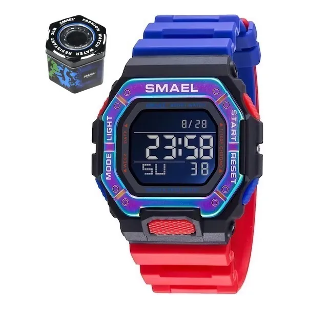 Reloj Deportivo Digital Smael 8059 Rojo Azul Cronometro 50 M