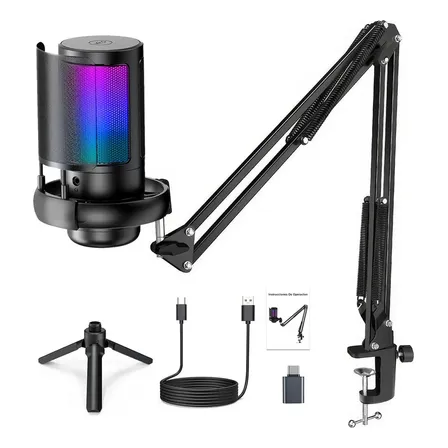Microfone Condensador USB Cardioide RGB para Gravação e Jogos Preto