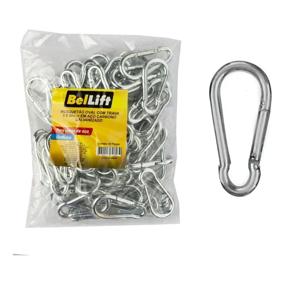 Kit 50 Mosquetão 5x50mm Aço Galvanizado Com Trava Beltools