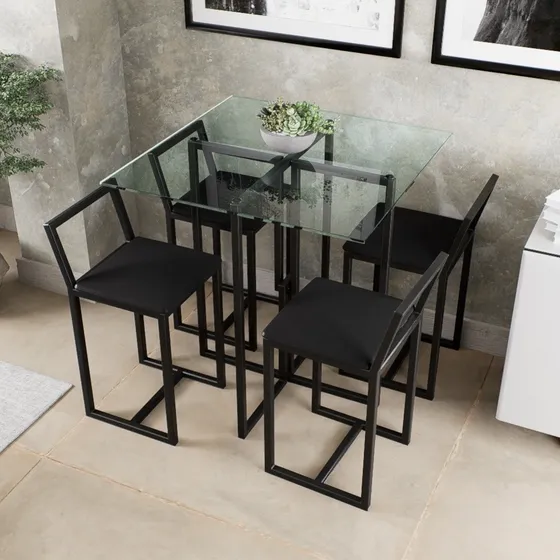 Conjunto Mesa Vidro 4 Cadeiras Pequena Estofado Industrial P Cor Preto