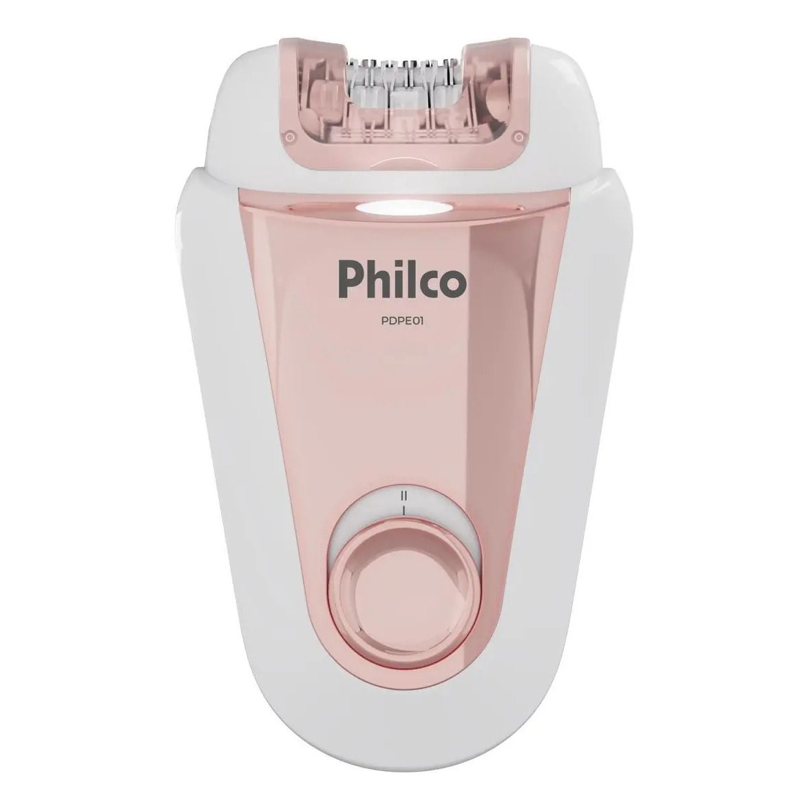 Depilador Philco PDPE01 na cor branca com detalhes em rose gold, exibindo a cabeça depilatória, luz indicadora e botão de controle frontal.
