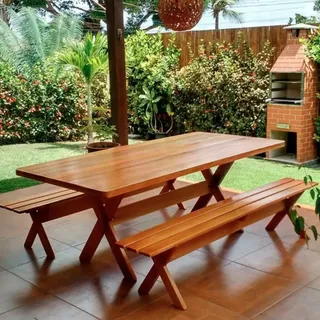 Conjunto Mesa Rústica Com Bancos Madeira Churrasco 2,00m CerejeiraPo