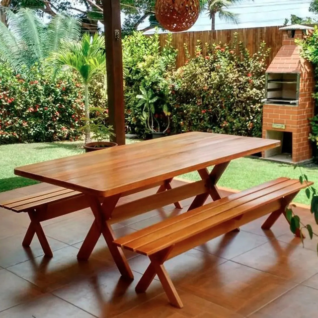 Conjunto Mesa Rústica Com Bancos Madeira Churrasco 2,00m Cerejeira