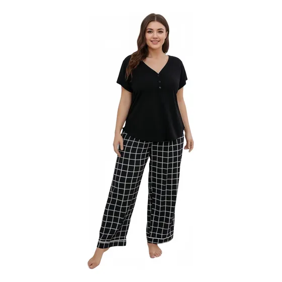 Manga Curta Com Calças Pijama Feminina Tamanho Grande Dormir