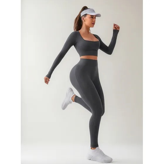 Ropa Conjunto Deportivo Yoga 2 Piezas Top Largo Gris