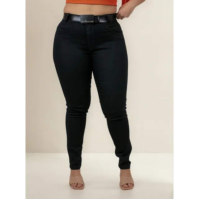 Calça Jeans Plus Size Preta Lisa Básica Com Cinto Preto Moda