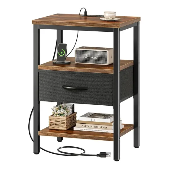 Mesita De Noche Con Estación De Carga, Mesita Auxiliar Con Cajón De Tela Ajustable, Mesita De Noche Para Dormitorio, Mesita Auxiliar Con Tres Estantes, Para Sala De Estar, Color Marrón Rústico Y Negro