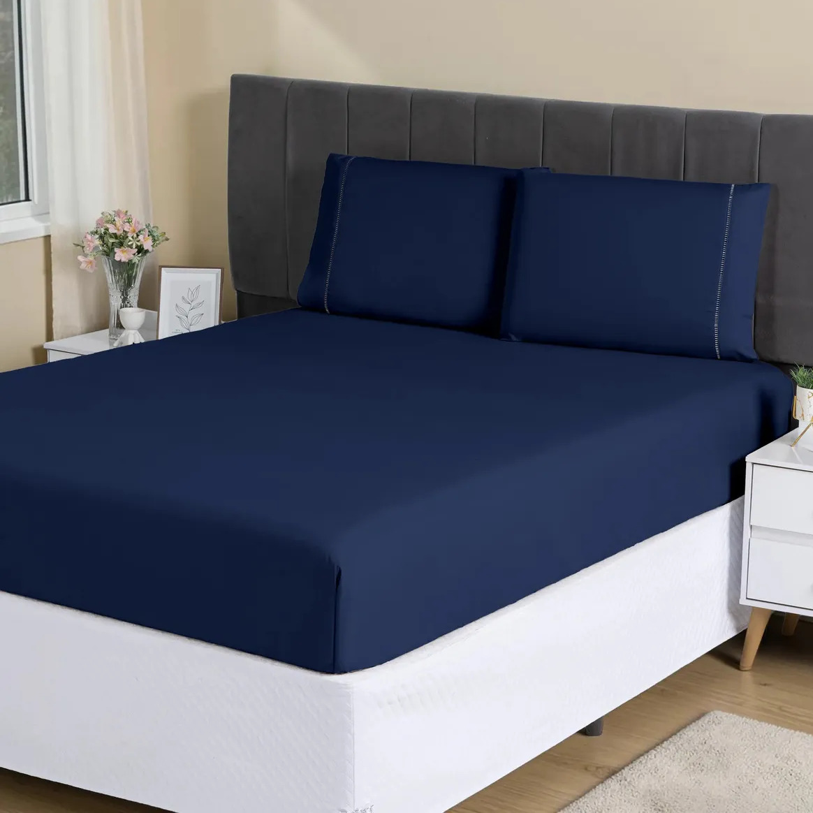 Jogo Lençol Casal 3pç 400 Fios Hipercal Conforto Macio Cor Azul-marinho Desenho do tecido Liso