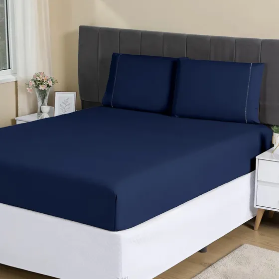 Jogo Lençol Casal 3pç 400 Fios Hipercal Conforto Macio Cor Azul-marinho Desenho do tecido Liso