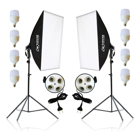 Kit 2 Soft Box Quadruplo 50 X 70 + 2 Tripés 2m + 8 Lampadas