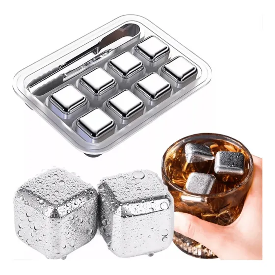 Kit 8 Cubos De Gelo De Aco Inoxidável Artificial Não Derrete