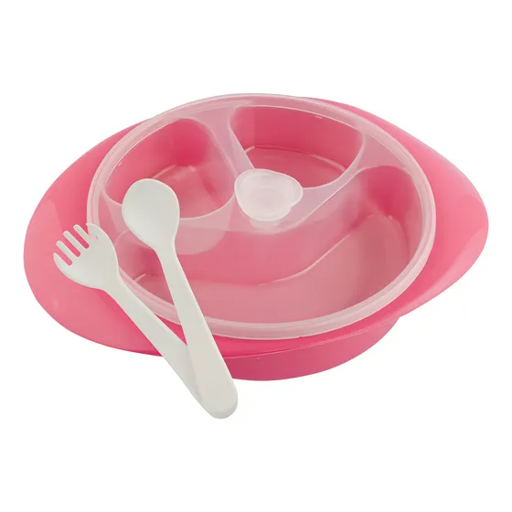 Plato Térmico Plástico Infantil Con Cubiertos Y Sopapa Yesi Color Rosa Figuras