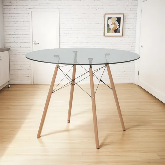 Mesa Eames Dsw Redonda Vidrio Base Madera 100cm Diámetro