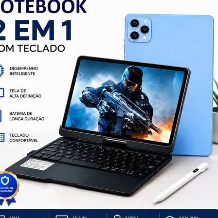 Notebook Android 14 12GB Ram 256GB Armazenamento Tablet 2 Em 1 Tela Rotacional 360° Touch Teclado Mouse WiFi Bluetooth Azul