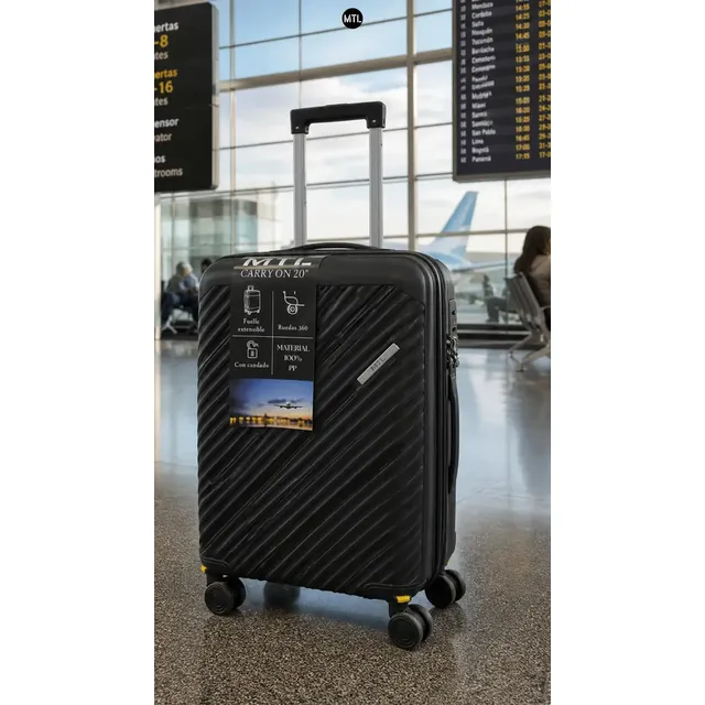 Valija Carry On Mtl 20 Pulgadas Cabina Rigida Equipaje Mano Liviana Resistente Ruedas 360 Giro Spinner Candado Seguridad Diseño Premium Viaje Avion Compacta Durable Color Negro Lisa