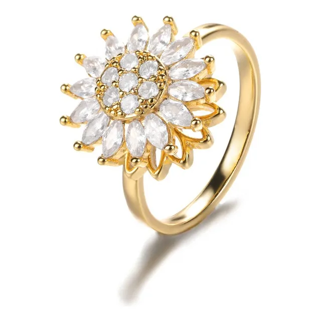 Anillo Ajustable Girasol Dorado Giratorio Zircón En Oro 14k