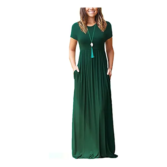 Hiuara Vestido Largo Verano Manga Corta Bolsillo Para Mujer