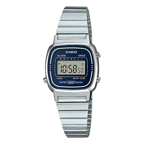 Reloj Casio Dama Vintage Azul La670wa-2d Correa Plateado Bisel Negro Fondo Blanco