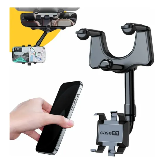 Suporte De Celular Retrovisor Para Carro Espelho Automotivo Interno 360º Anti Queda Retrátil Ajustável Para Gps Smartphone Encaixe Rápido E Fácil Apoio para Celular Casenn Preto
