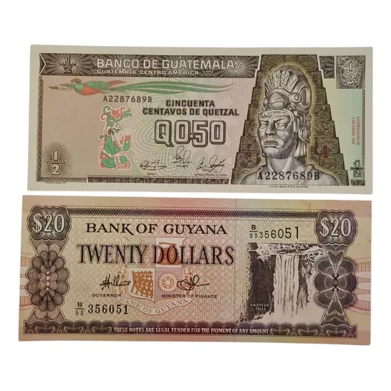 Lote 2 Billetes De Guatemala 50 Ctvos.,guyana 20 Dolares