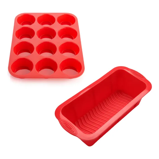 Set Molde Muffins X12 Magdalenas Cupcakes + Budinera Molde Pan Budin De Silicona Antiadherente