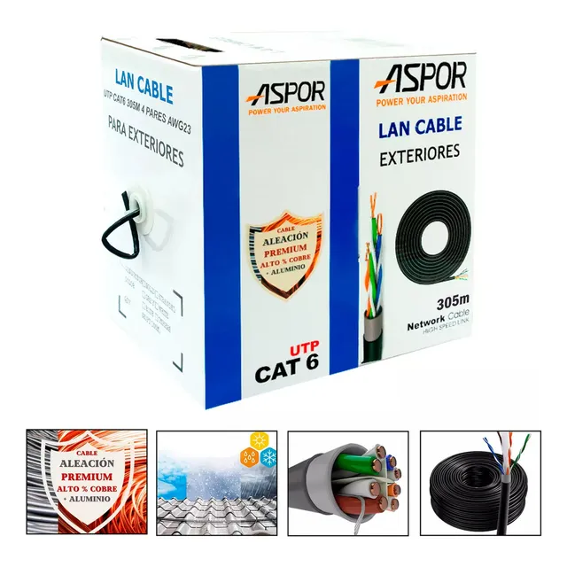 Cable De Red Cat6a Utp 305m 23awg Exterior Impermeable Ultra Resistente Cca Marca Aspor Modelo 3023as Color Negro 10gpbs Alta Velocidad Categoria 6a Alta Transferencia De Datos 500mhz De Banda Ancha