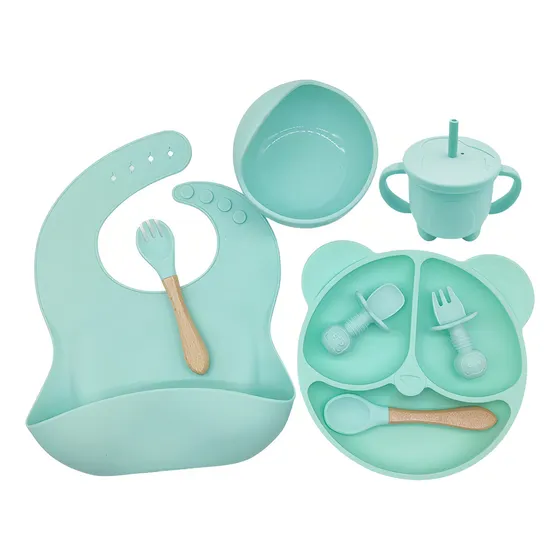 Set Alimentación Bebe Vajilla Silicona Comida Bpa Free Color Verde Una Ganga